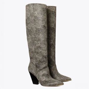 TORY BURCH – LILA 90MM KNEE BOOT SPOTTED HAIRCALF (Size 9) - Black/White
